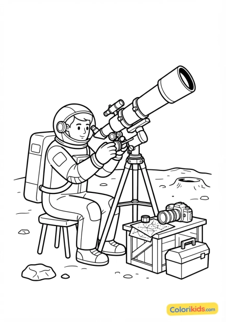 Coloriage à imprimer : astronaute préparant ses instruments optiques pour observer une éclipse lunaire