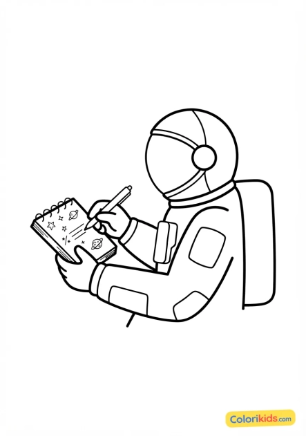 Coloriage à imprimer : astronaute prenant des notes manuscrites dans son carnet de vol personnel