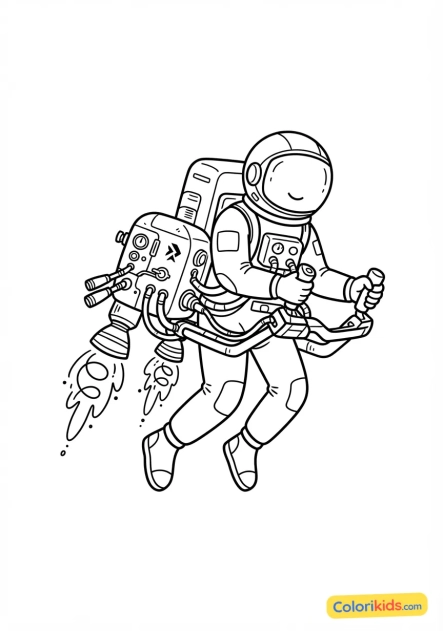 Ausmalbild zum Ausdrucken: astronaut testet einen neuen Prototypen eines persönlichen Rückstoßantriebs