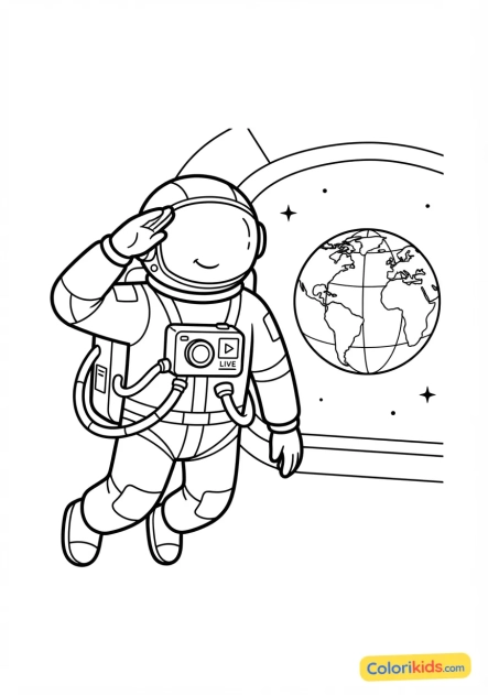 Coloriage à imprimer : astronaute saluant la Terre lors d'une transmission vidéo en direct depuis l'espace