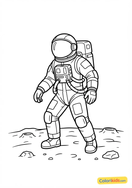 Coloriage à imprimer : astronaute portant une lourde combinaison pressurisée blanche sur le sol lunaire