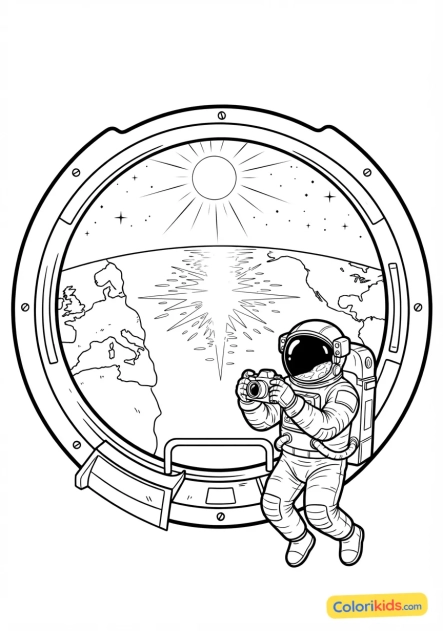 Coloriage à imprimer : reflets changeants du soleil sur l'océan Atlantique vus depuis l'orbite