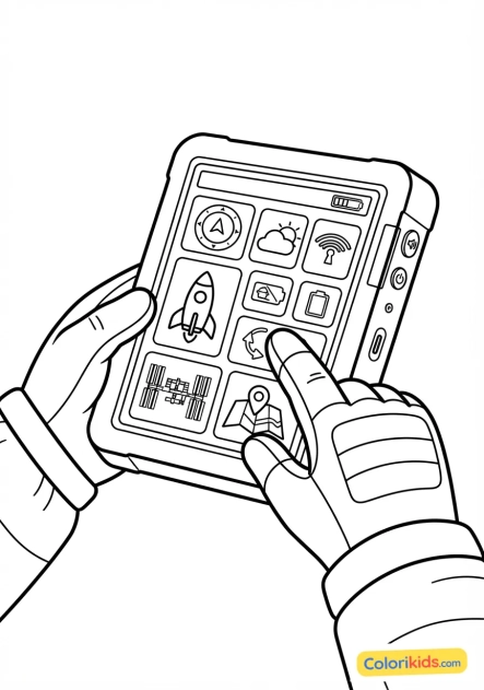 Coloriage à imprimer : gros plan sur les commandes tactiles d'une tablette spatiale manipulée par un astronaute
