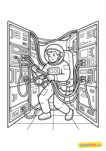 Coloriage à imprimer : câbles de données et racks informatiques à l'intérieur du laboratoire Columbus
