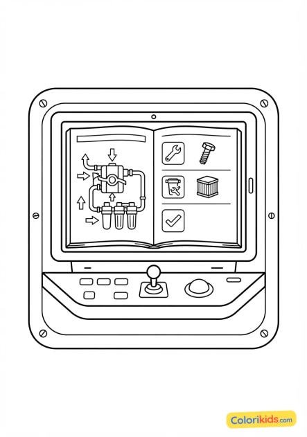 Coloriage à imprimer : manuel technique numérique ouvert sur une console de la station orbitale