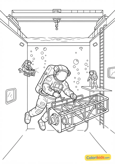Coloriage à imprimer : piscine géante de simulation sous-marine pour l'entraînement des astronautes