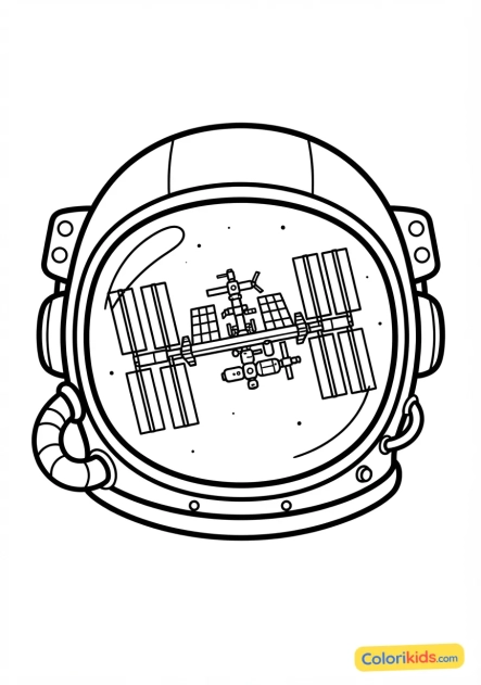 Coloriage à imprimer : visière dorée de casque d'astronaute reflétant la station spatiale illuminée