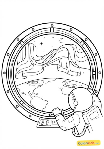 Coloriage à imprimer : grand hublot de l'ISS offrant une vue imprenable sur une aurore boréale