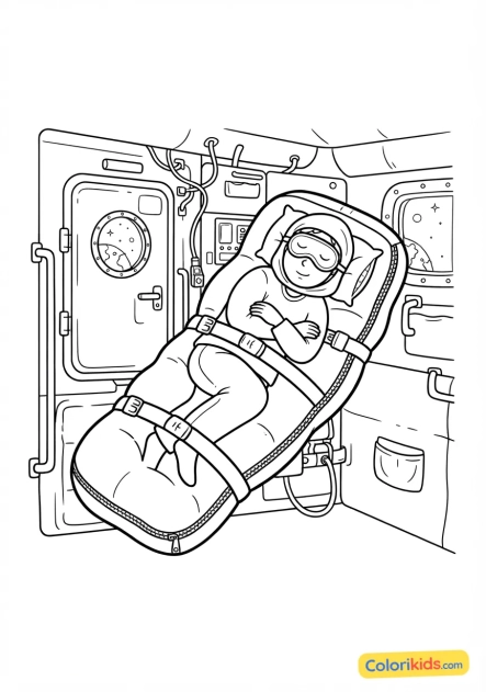 Coloriage à imprimer : sac de couchage fixé à une cloison où un astronaute dort en apesanteur