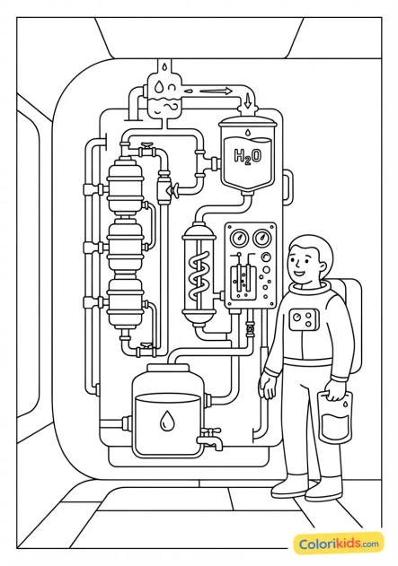 Coloriage à imprimer : système de recyclage d'eau vital dans les quartiers d'habitation spatiaux