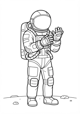 Voir le coloriage Astronaute vérifiant l'état de ses gants renforcés après une longue manipulation