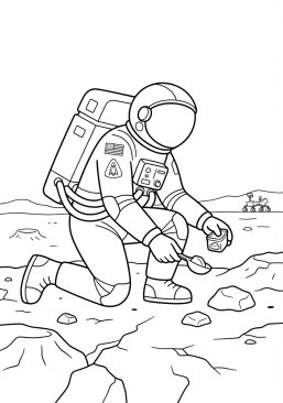 Voir le coloriage Astronaute récoltant des échantillons de roche rouge sur un paysage martien aride
