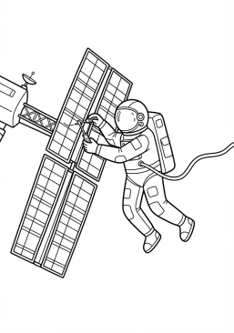 Voir le coloriage Astronaute flottant en apesanteur tout en réparant un panneau solaire complexe