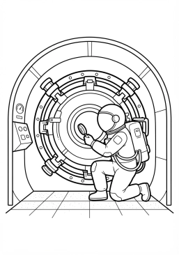 Voir le coloriage Astronaute inspectant les joints d'étanchéité du sas avant une sortie majeure