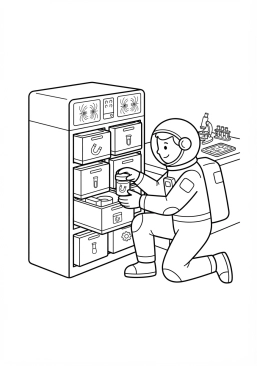 Voir le coloriage Astronaute rangeant soigneusement du matériel scientifique dans des tiroirs magnétiques