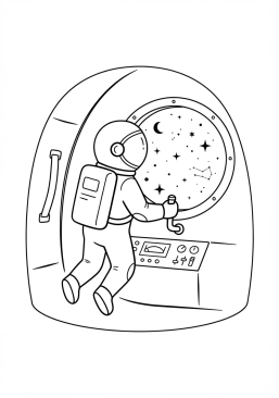 Voir le coloriage Astronaute observant les étoiles lointaines depuis l'obscurité de la capsule