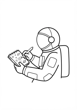 Voir le coloriage Astronaute prenant des notes manuscrites dans son carnet de vol personnel