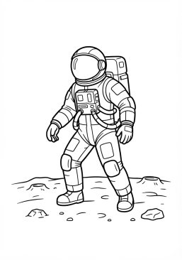 Voir le coloriage Astronaute portant une lourde combinaison pressurisée blanche sur le sol lunaire