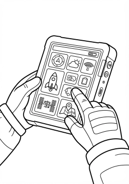 Voir le coloriage Gros plan sur les commandes tactiles d'une tablette spatiale manipulée par un astronaute