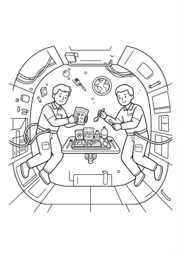 Voir le coloriage Plateau de repas lyophilisé partagé dans le module central de l'ISS