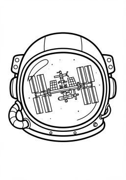 Voir le coloriage Visière dorée de casque d'astronaute reflétant la station spatiale illuminée