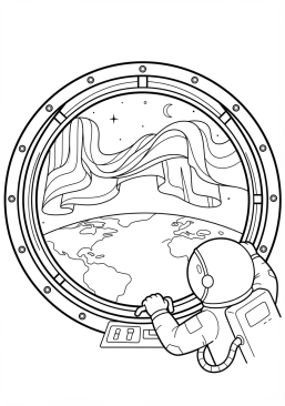 Voir le coloriage Grand hublot de l'ISS offrant une vue imprenable sur une aurore boréale