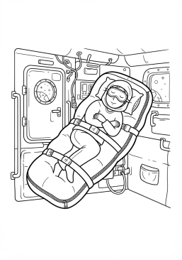 Voir le coloriage Sac de couchage fixé à une cloison où un astronaute dort en apesanteur