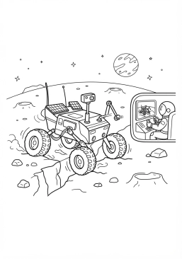 Voir le coloriage Rover explorateur en difficulté sur une planète lointaine piloté à distance