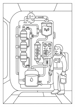 Voir le coloriage Système de recyclage d'eau vital dans les quartiers d'habitation spatiaux