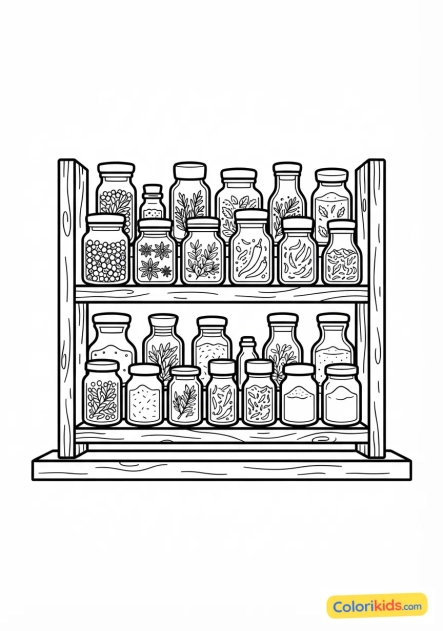 Dibujo para colorear para imprimir: estante de especias llena