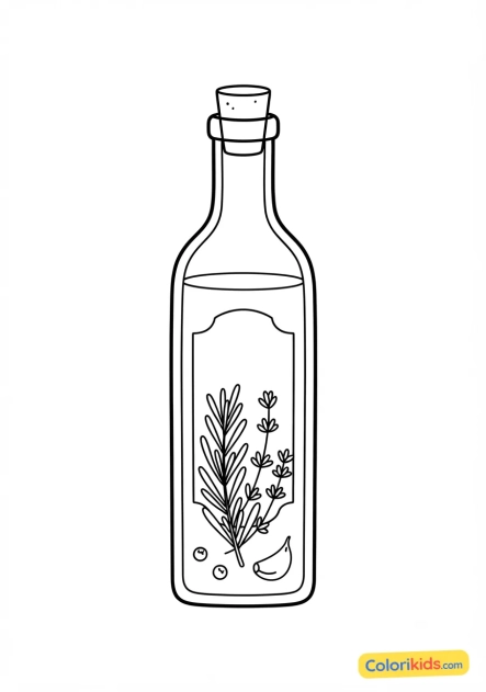 Coloriage à imprimer : bouteille d'huile d'olive et herbes