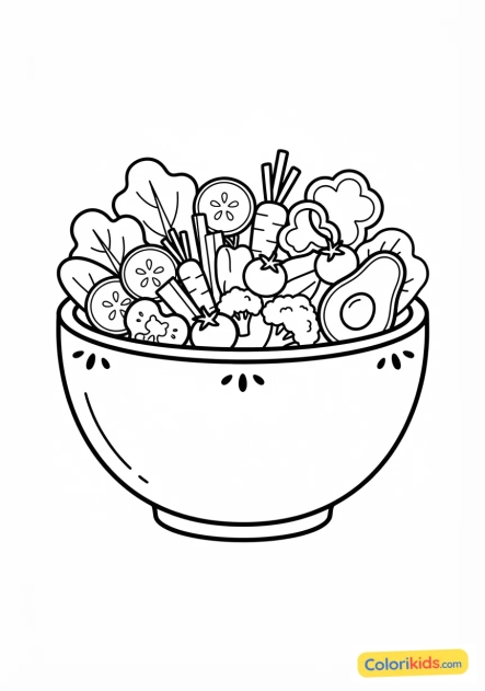 Coloriage à imprimer : saladier rempli de légumes frais