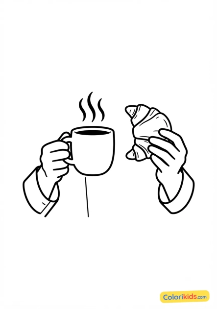 Coloriage à imprimer : tasse de café fumante et croissant