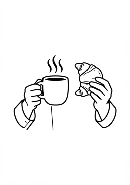 Coloriage Tasse de café fumante et croissant