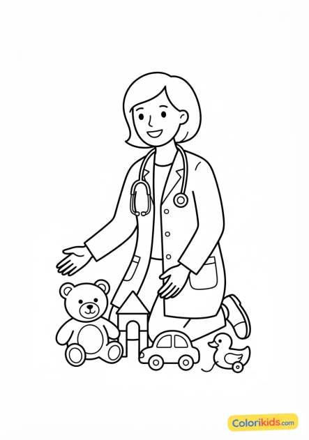 Coloriage à imprimer : pédiatre avec des jouets pour enfants