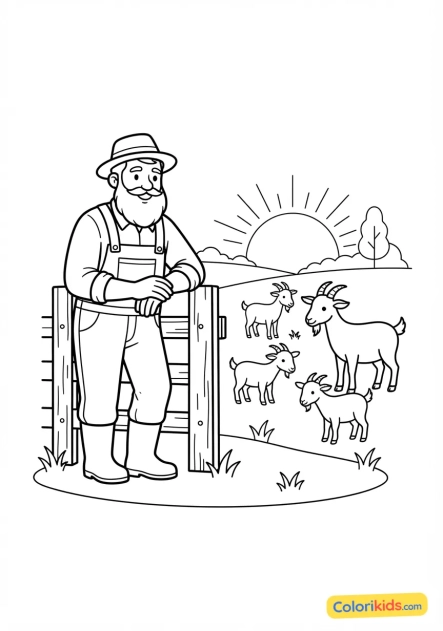 Coloriage à imprimer : agriculteur barbu observant son troupeau de chèvres au coucher du soleil
