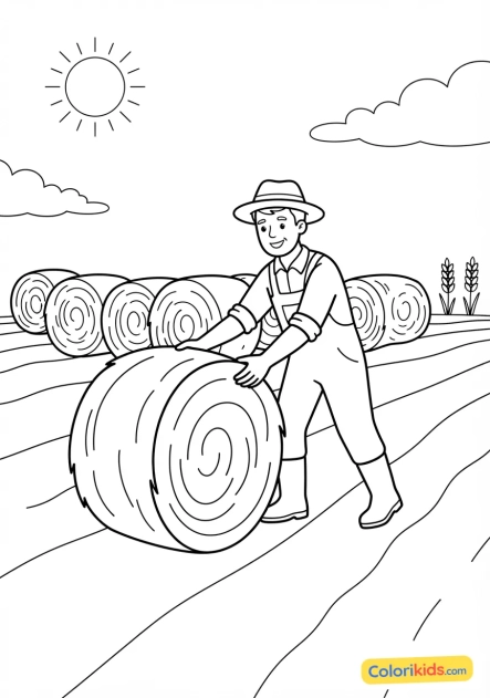 Coloriage à imprimer : céréalier installant des bottes de foin dorées dans un grand champ