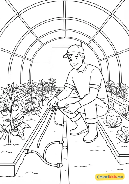 Coloriage à imprimer : agriculteur vérifiant le système d'irrigation dans ses serres maraîchères