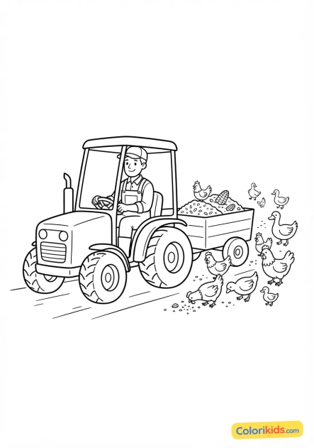 Coloriage à imprimer : agriculteur conduisant un petit tracteur utilitaire pour nourrir ses volailles