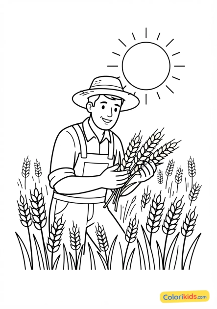 Coloriage à imprimer : agriculteur inspectant des épis de blé doré sous un beau soleil d'été