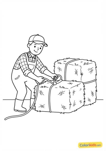 Coloriage à imprimer : agriculteur attachant des bottes de paille avec de la ficelle solide