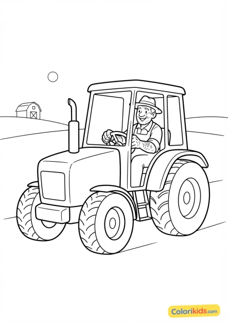 Coloriage à imprimer : agriculteur aux mains calleuses conduisant un grand tracteur rouge dans les champs