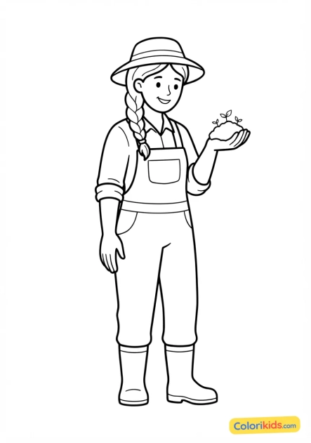Coloriage à imprimer : agricultrice tenant une poignée de terre fertile dans sa main