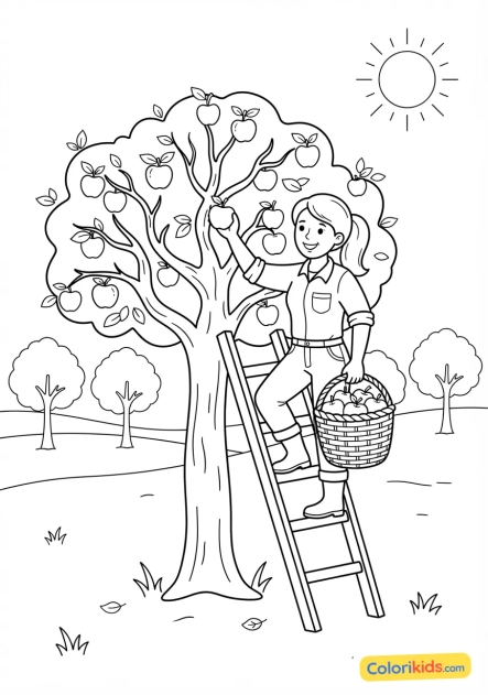 Coloriage à imprimer : agricultrice ramassant des pommes
