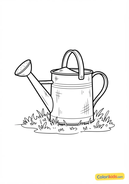 Coloriage à imprimer : arrosoir en métal galvanisé posé sur l'herbe