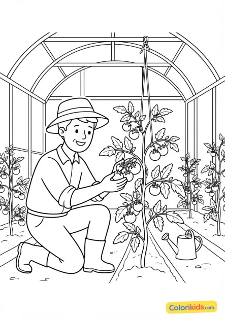 Coloriage à imprimer : maraîcher examinant la qualité de ses plants de tomates sous serre