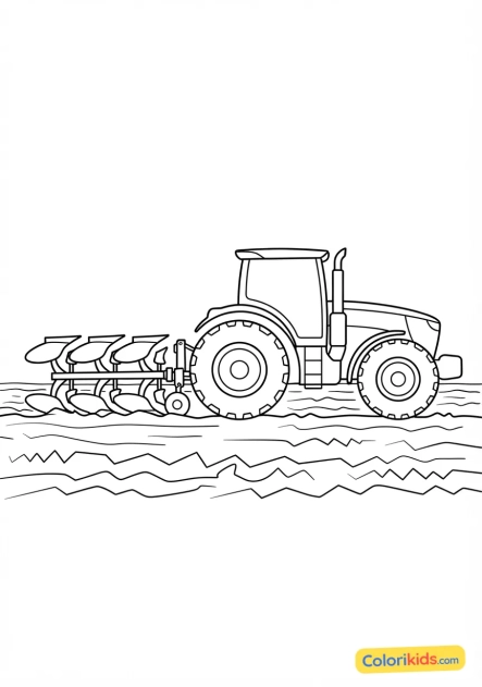 Coloriage à imprimer : tracteur agricole moderne avec charrue dans un champ labouré