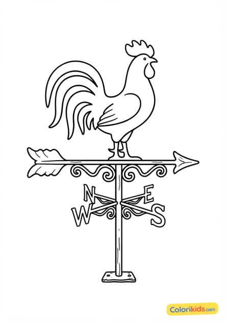 Coloriage à imprimer : vieille girouette en fer forgé représentant un coq