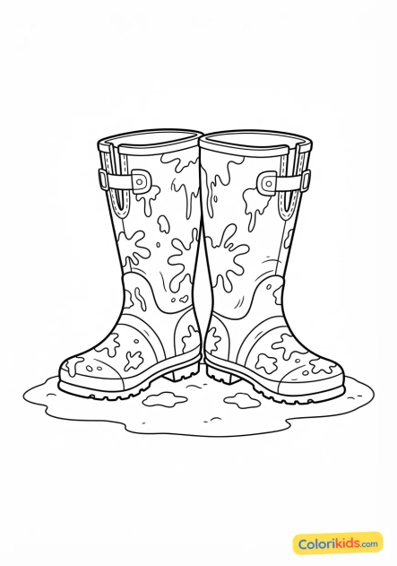 Coloriage à imprimer : paire de bottes en caoutchouc boueuses prêtes pour le travail