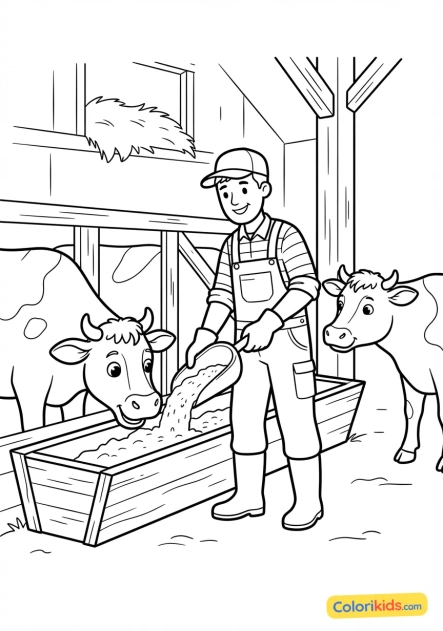 Coloriage à imprimer : Éleveur passionné nourrissant ses vaches laitières dans l'étable
